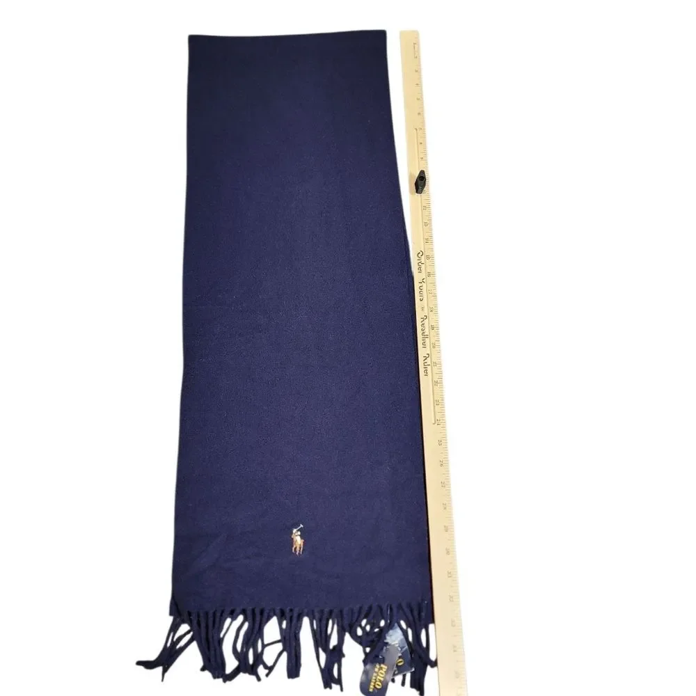 Polo Ralph Lauren Wool Scarf Navy Fringe Made in Italy 70” Embroidered Logo NWT